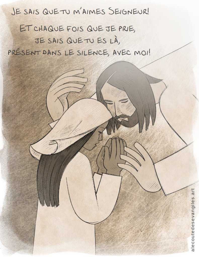 Illustration d'une prière, représentant une figure spirituelle réconfortant une personne avec les mains jointes en symbole de dévotion.