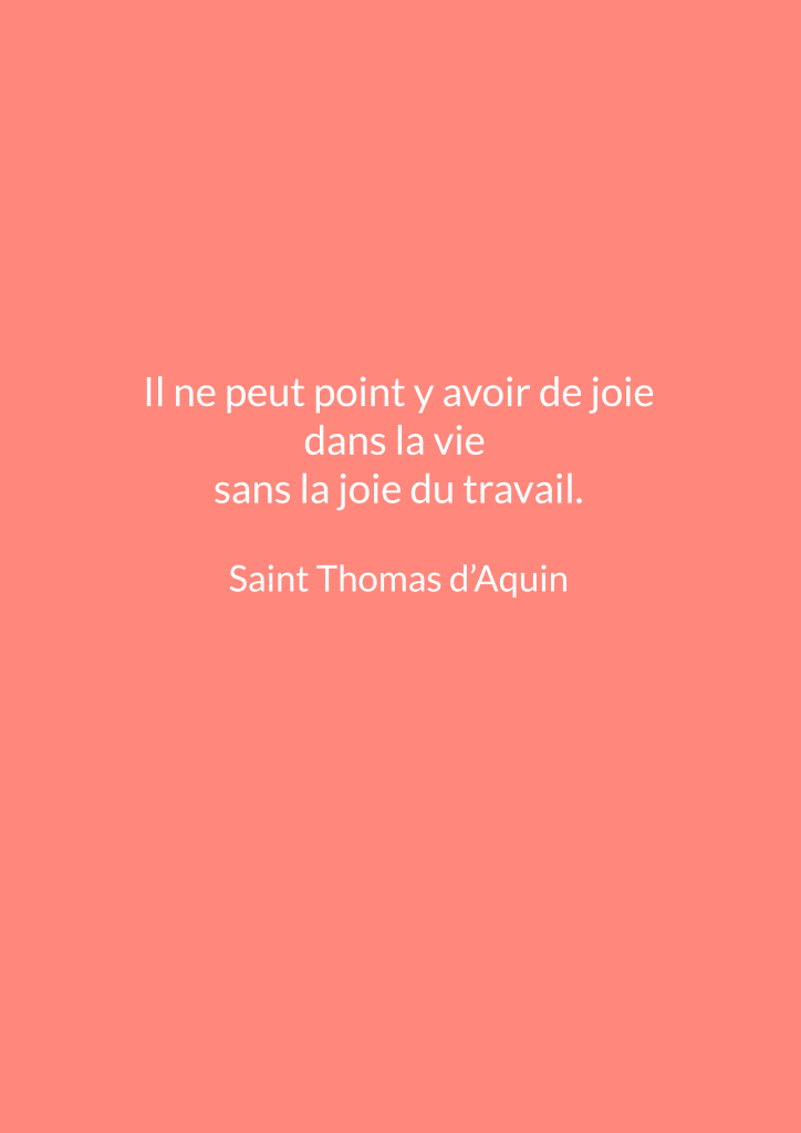 Citation de Saint Thomas d'Aquin sur la joie dans la vie et le travail, sur un fond rose.