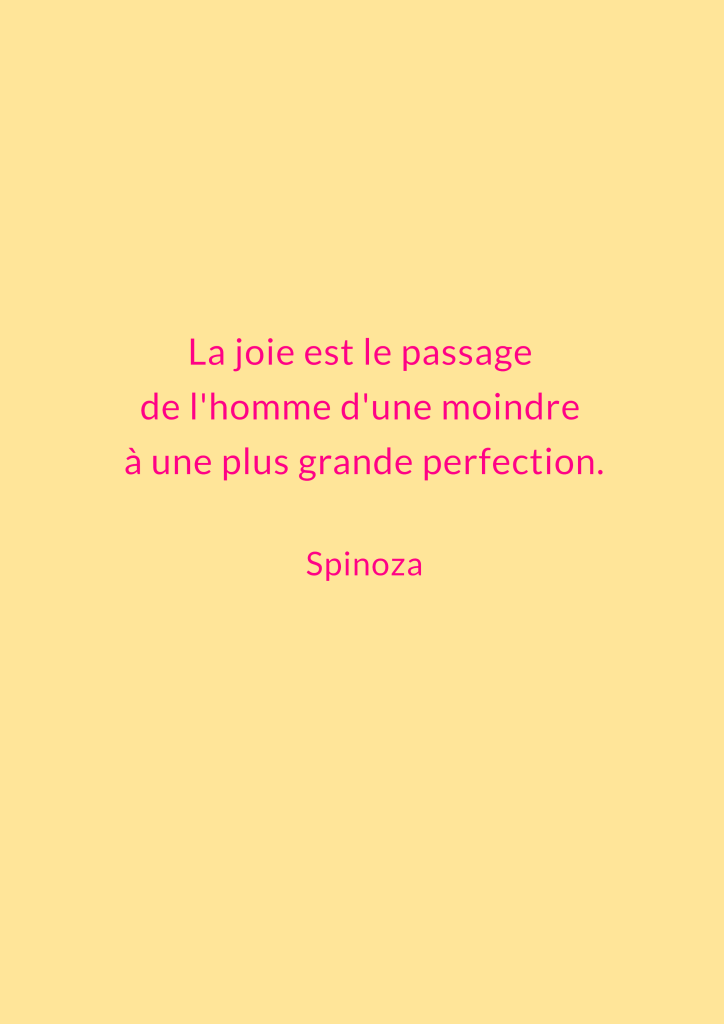 Citation de Spinoza sur la joie et la perfection, sur fond jaune.