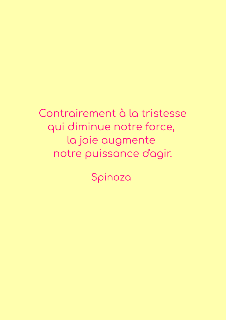 Citation de Spinoza sur la joie et la tristesse sur fond jaune.