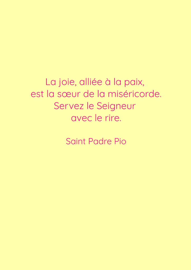 Citation de Saint Padre Pio sur la joie et le service du Seigneur, sur fond jaune.