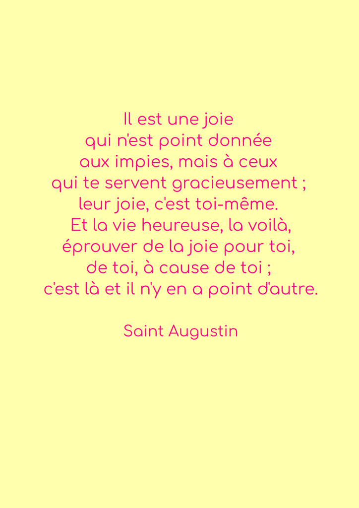 Citation de Saint Augustin sur la joie et la vie heureuse, écrite en rose sur un fond jaune.